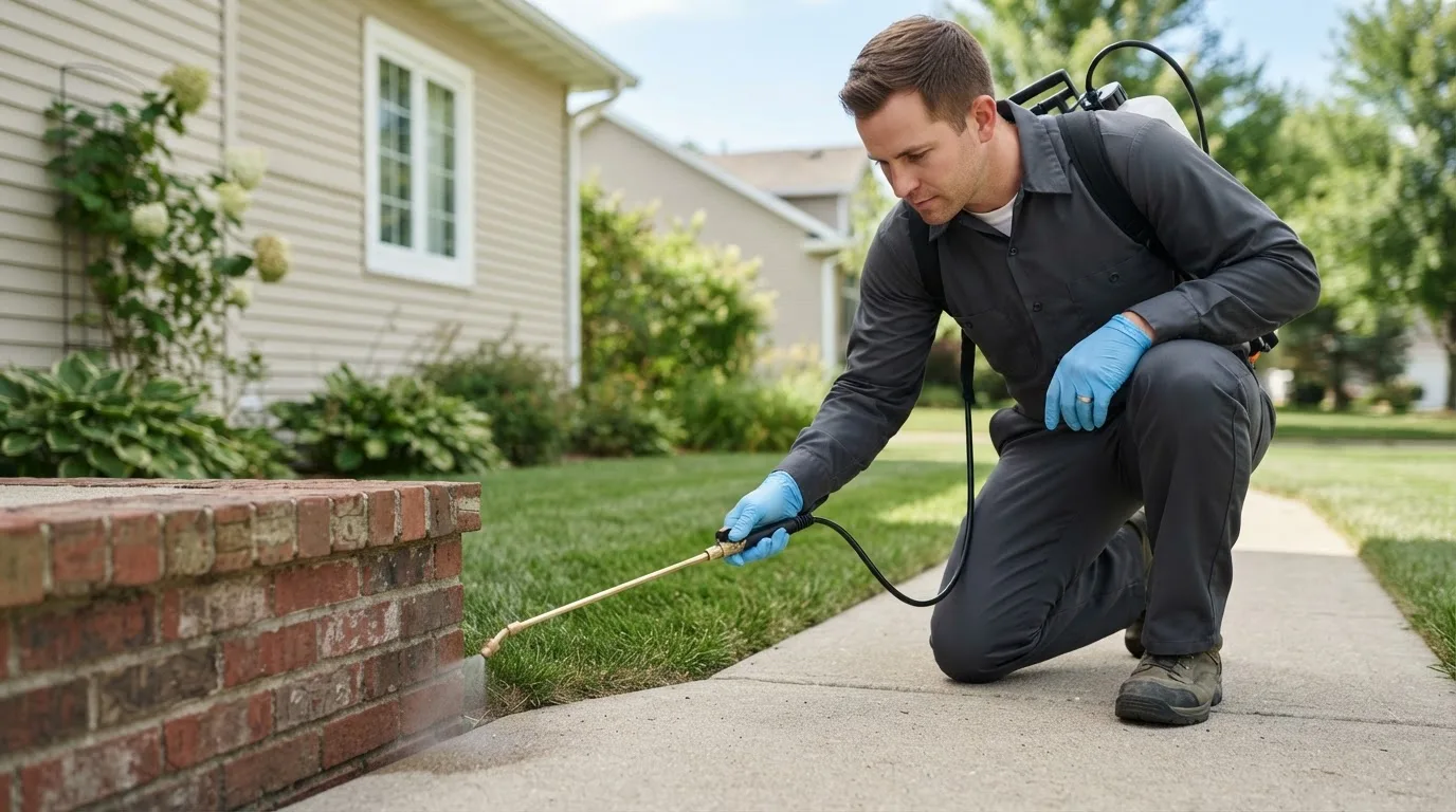 Pest control technician treating a home near Andrews, NC